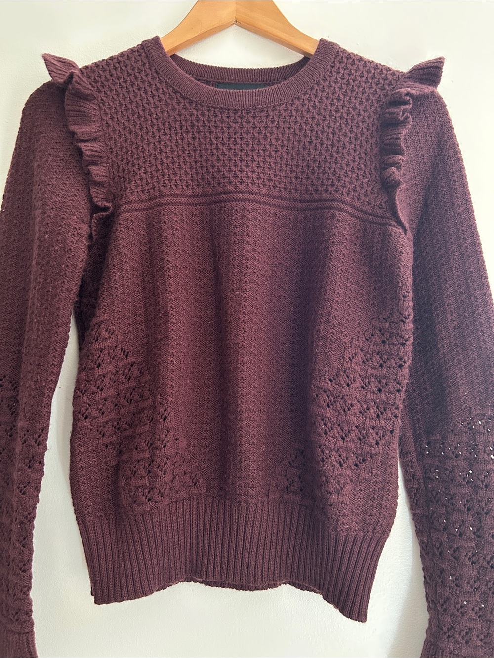 Cynthia Rowley Ruffle-Shoulder Crew Neck Sweater - Plum Merino Wool Blend